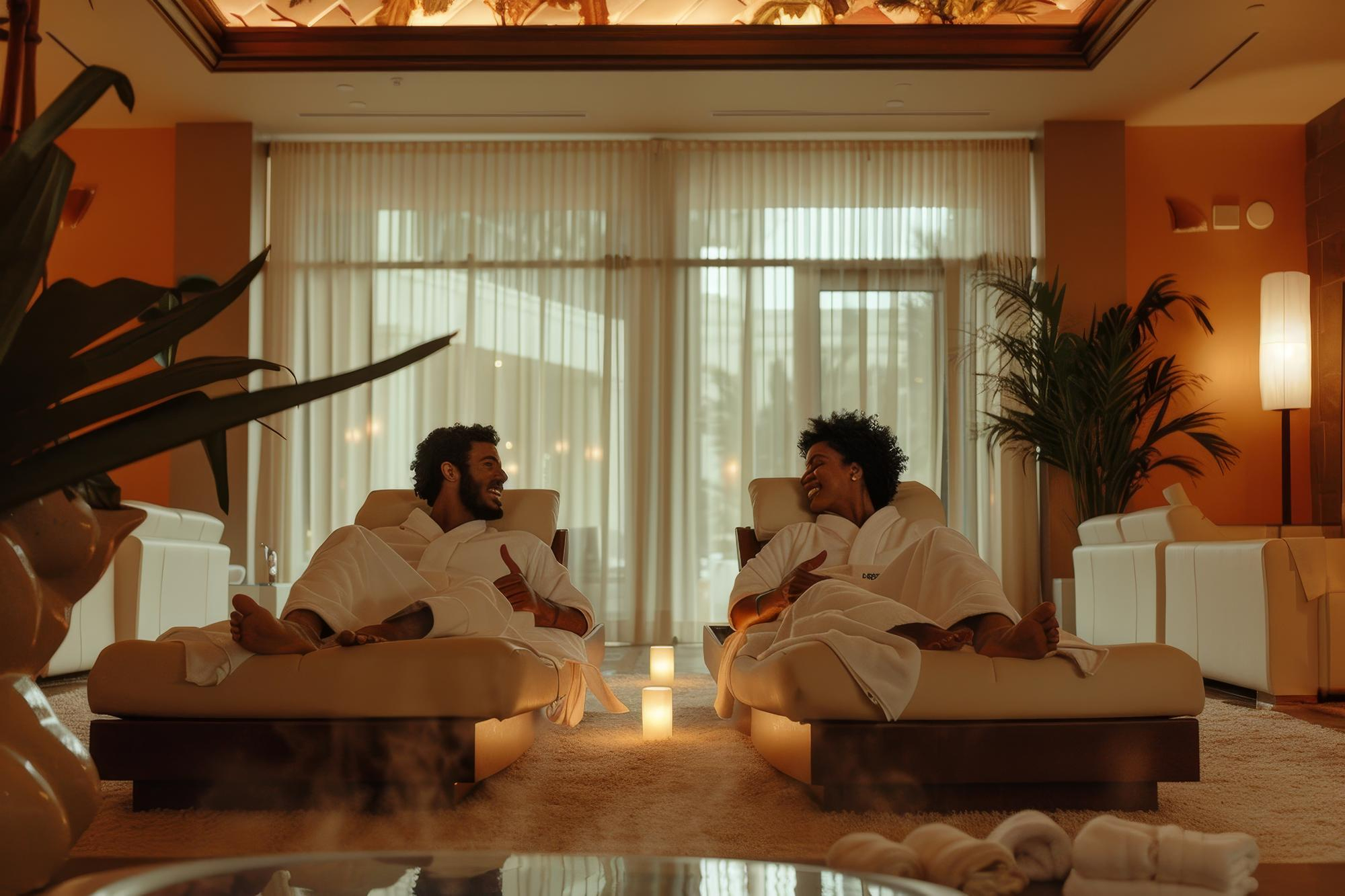 A relaxed couple lounging in plush robes on a spa couch, sipping wine in a tranquil lounge, symbolizes emotional reconnection and peace gained through a rejuvenating couple’s retreat.