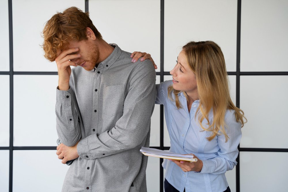 A stressed man holds his head in his hand while a woman gently touches his shoulder, offering support during an emotional moment.
