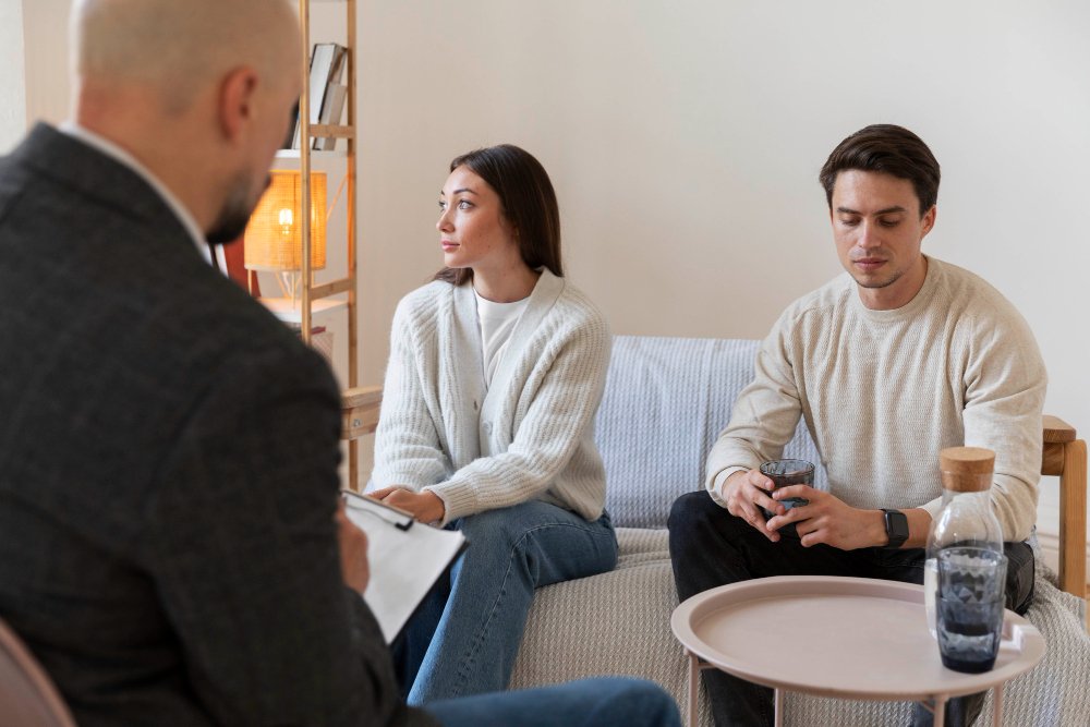 Couple seated with a therapist in a psychologist's office during a private couples therapy session