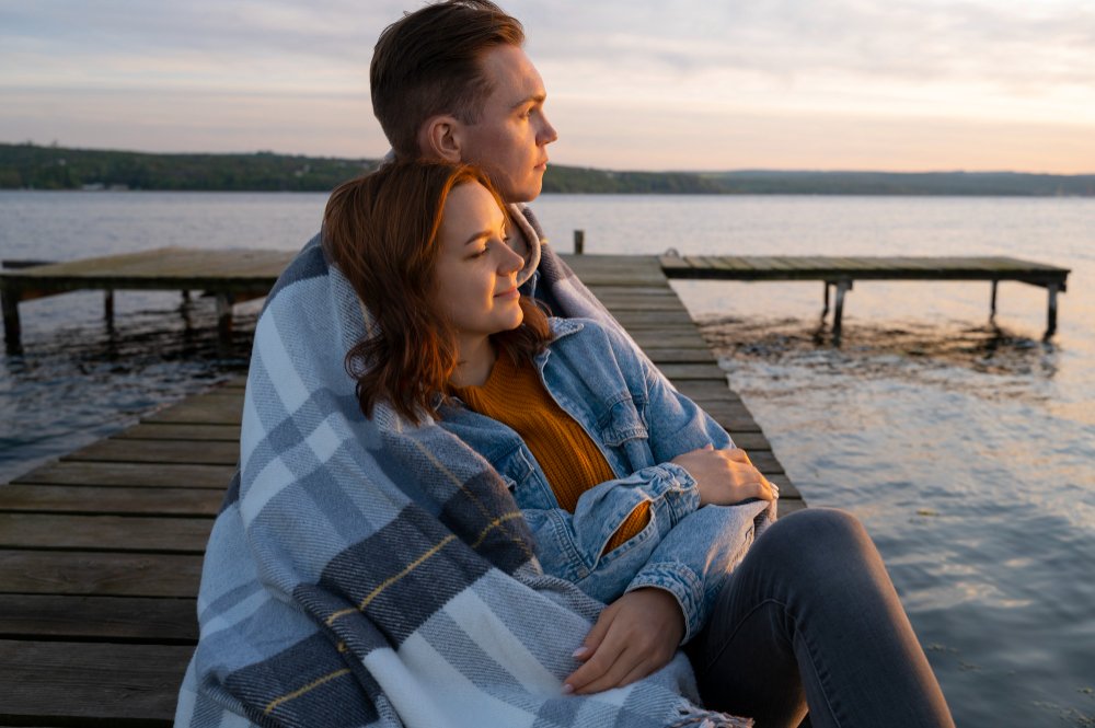 Side view of a couple wrapped in a blanket, sharing an affectionate moment together.