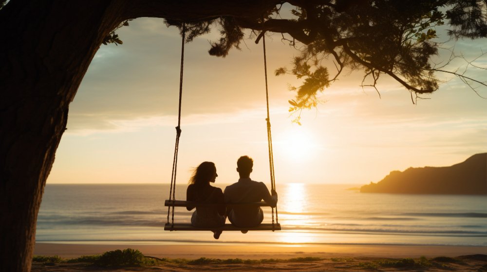 AI-generated illustration of a cute couple spending a relaxed moment together on a swing.

