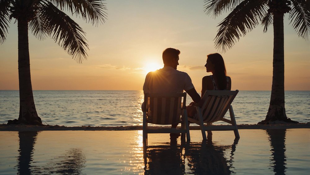 A couple watching the sunset from beach chairs, a relaxing part of a couples retreat itinerary.