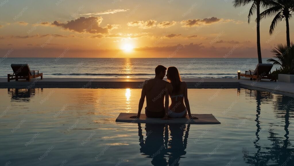 Couples retreat sunset: silhouetted pair sits by infinity pool overlooking ocean