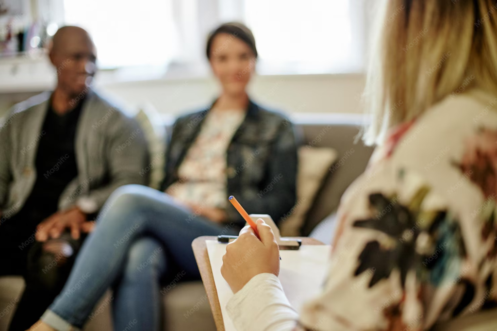 Therapy session notes: counselor writes on a clipboard as the couple sits in the background 