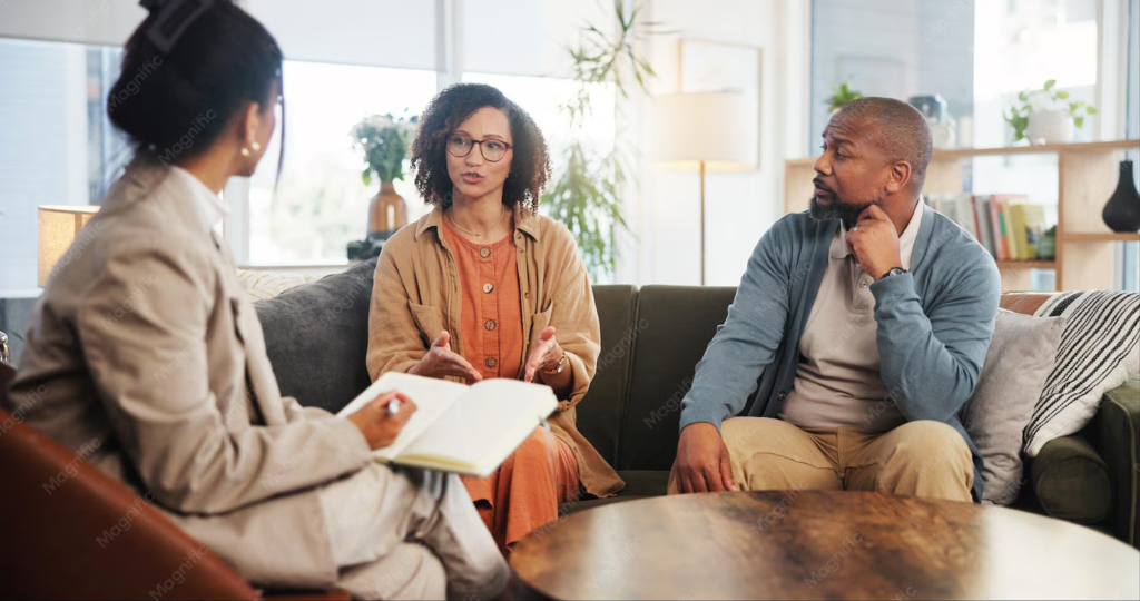 Couples counseling session: woman speaks with hands as partner listens closely
